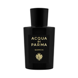 Acqua di Parma Quercia fragrance bottle with black label and gold text.