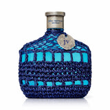 John Varvatos Artisan Blu fragrance bottle with blue woven netting.