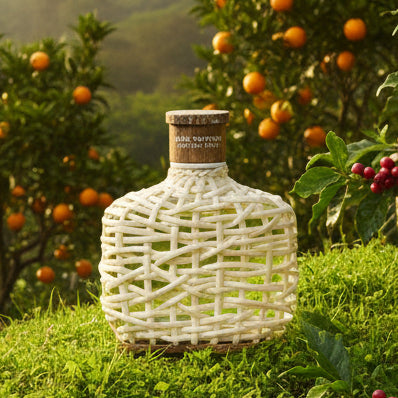 John Varvatos Artisan Pure fragrance bottle with woven white exterior and wooden cap.