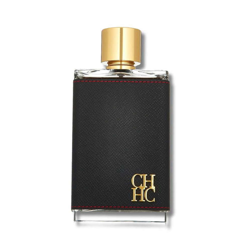 A black leather-wrapped CH Men fragrance bottle with a gold cap.