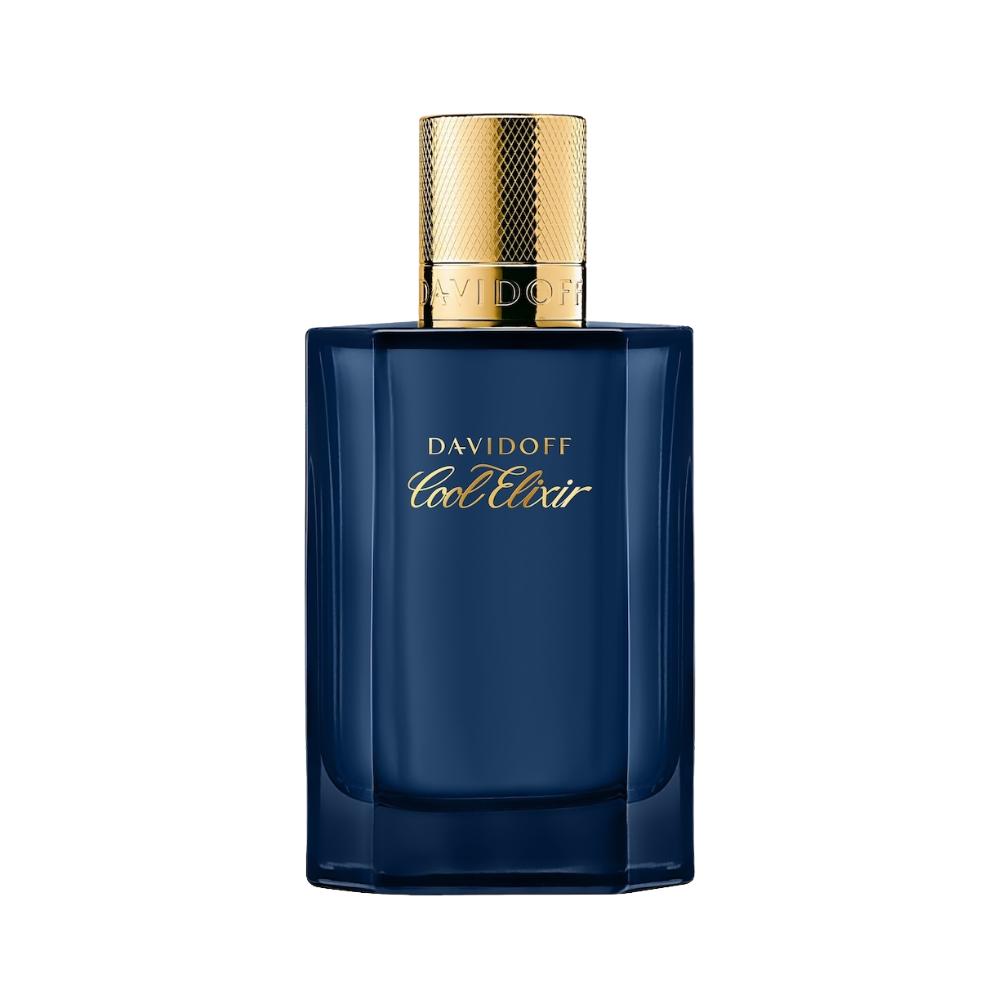 Davidoff Cool Elixir perfume bottle with gold cap and gold lettering.