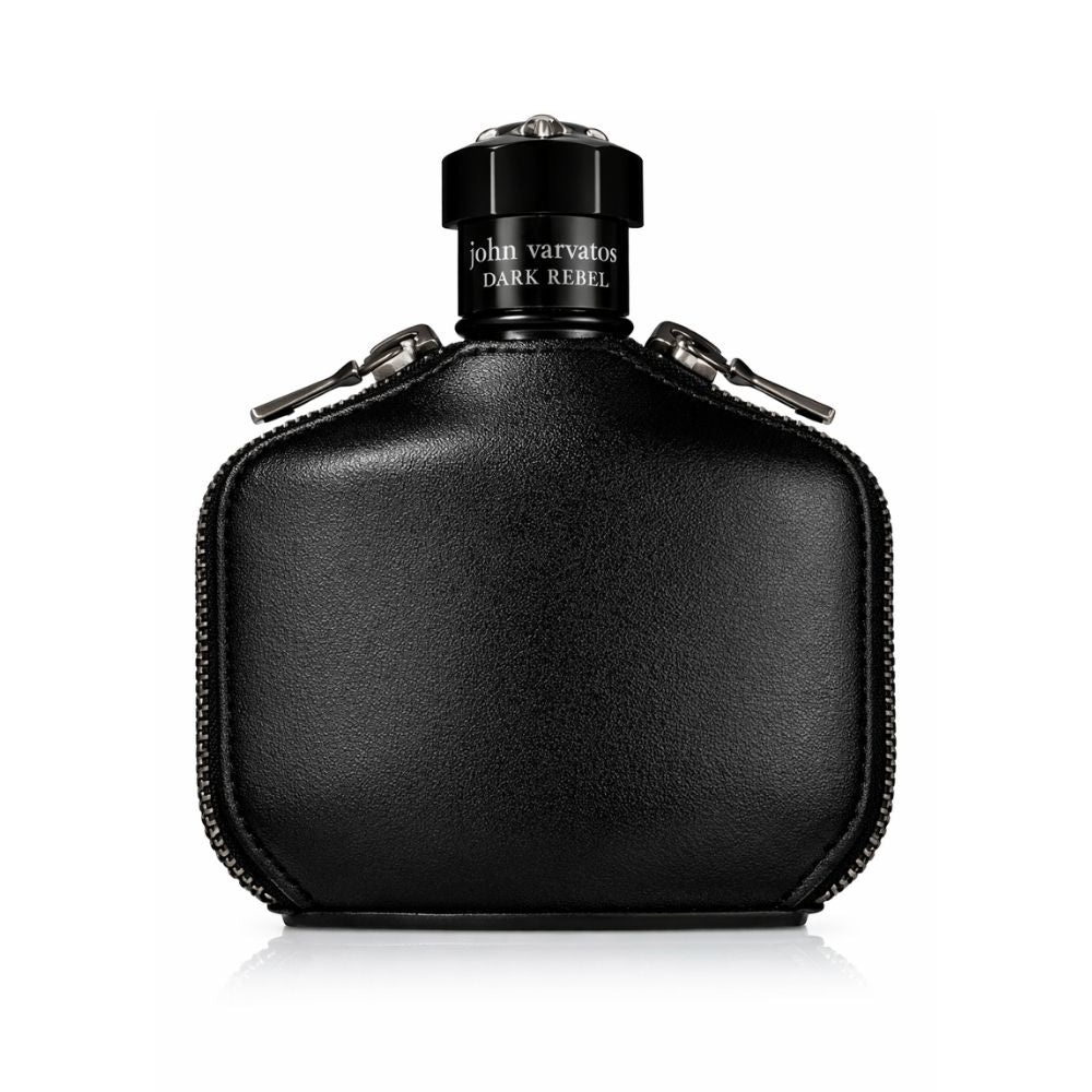 John Varvatos Dark Rebel Rider fragrance bottle with a black leather case.