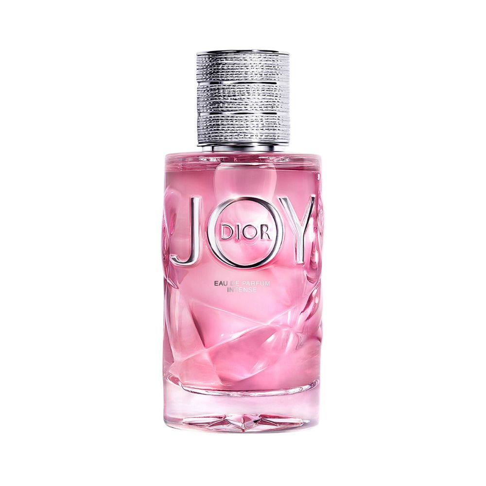Dior JOY Eau de Parfum Intense perfume bottle with pink liquid and silver cap.