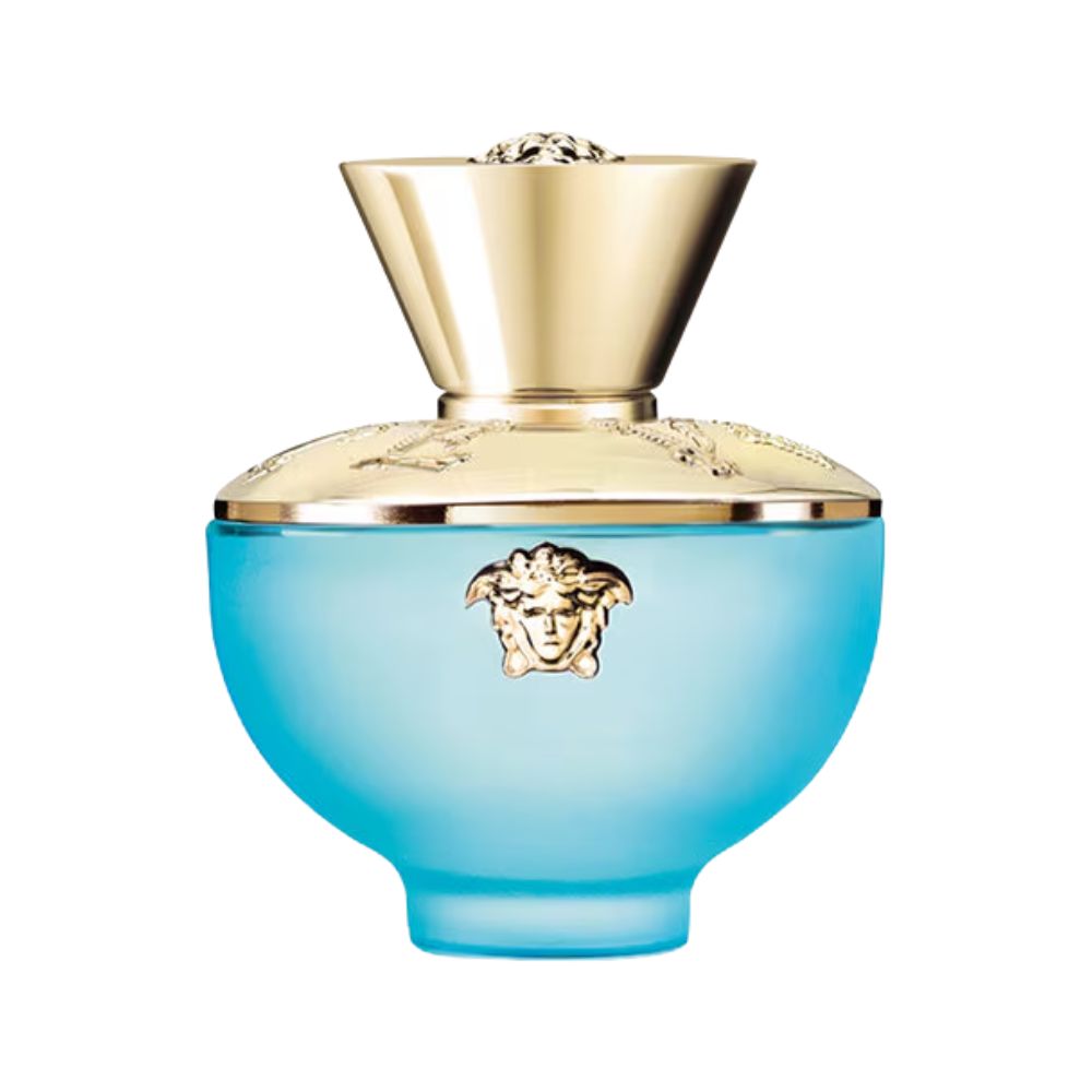 Versace Dylan Turquoise perfume bottle with a blue glass body and gold accents.