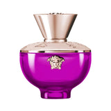 A purple Versace Dylan Purple perfume bottle with a gold Medusa emblem.