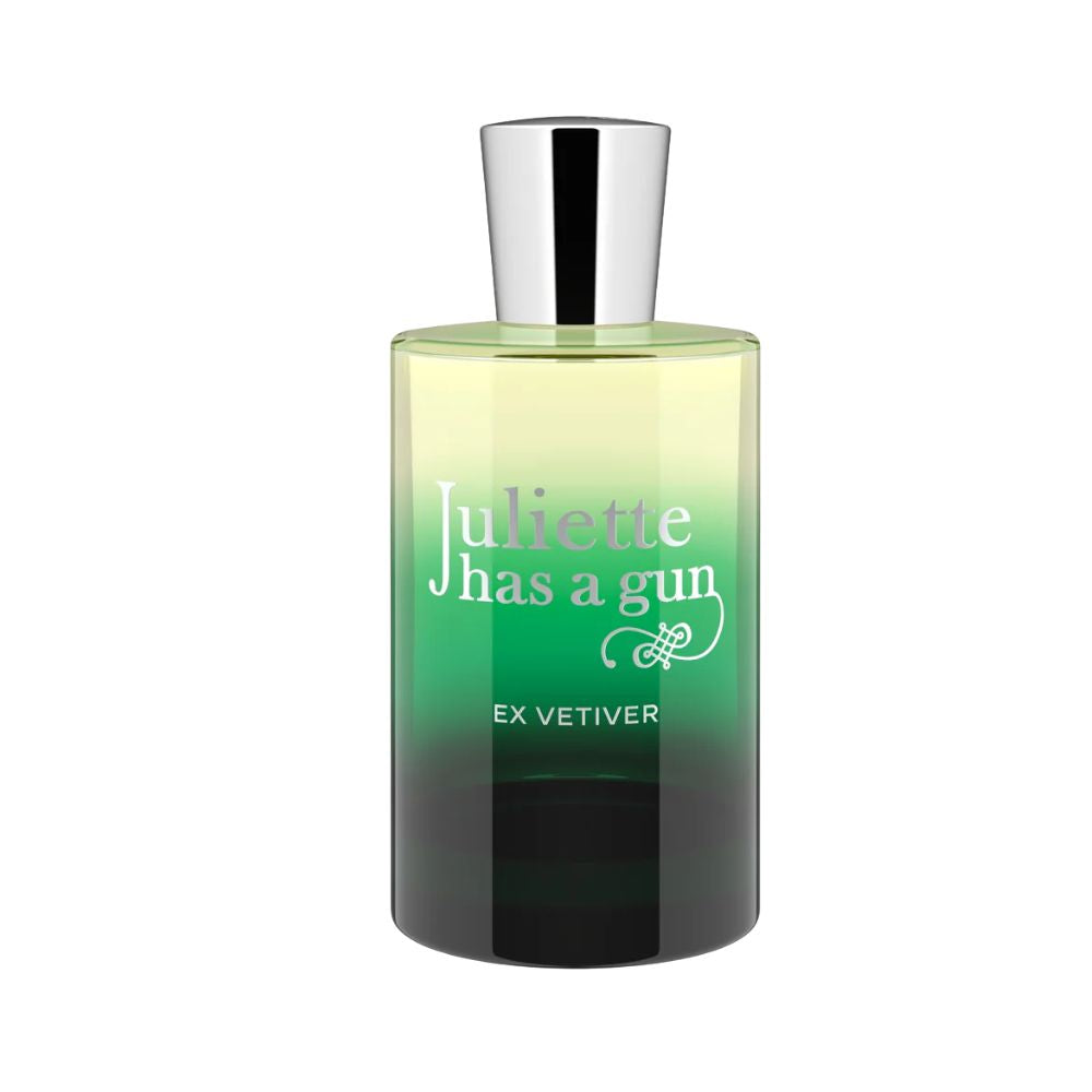 Juliette Has a Gun EX VETIVER perfume bottle with a gradient green to yellow glass bottle.
