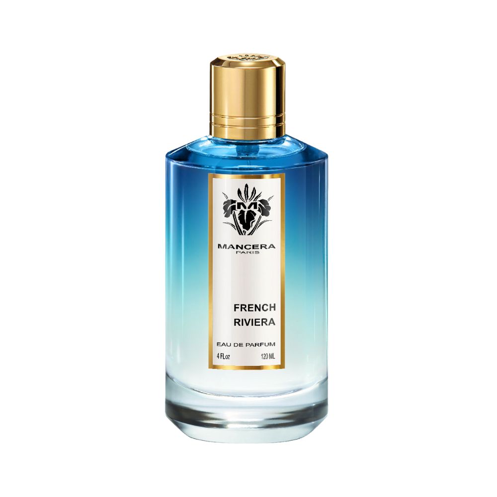 Mancera French Riviera Eau de Parfum in a clear glass bottle with a blue gradient and gold cap.