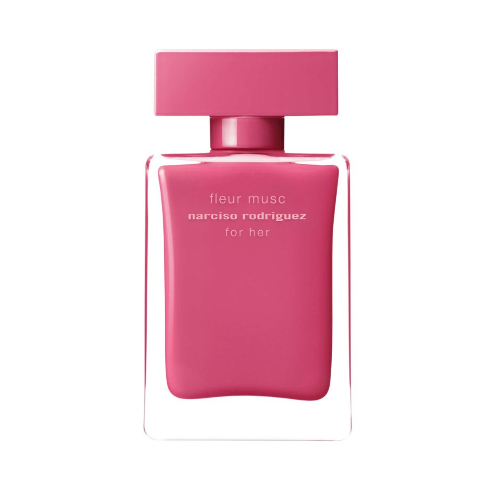Narciso Rodriguez for her Fleur Musc perfume bottle with pink liquid.