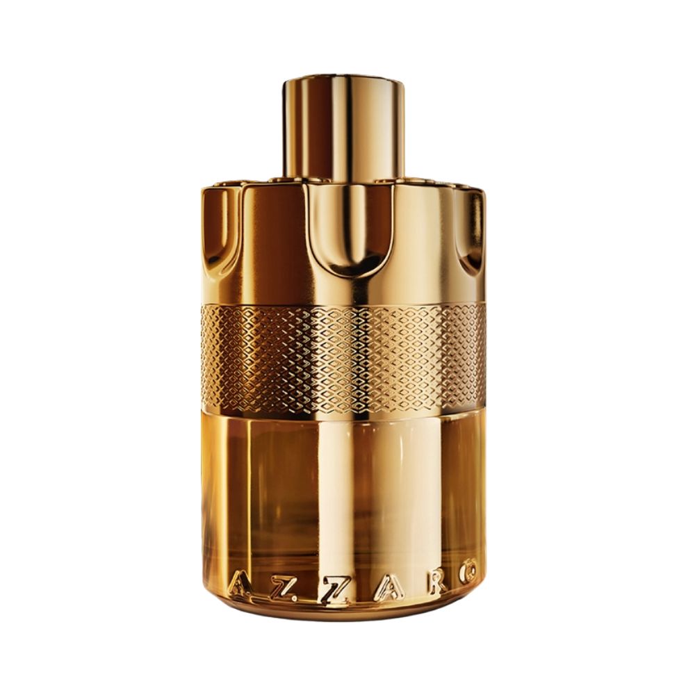 Azzaro The Most Wanted Elixir perfume bottle, gold colored with textured band.