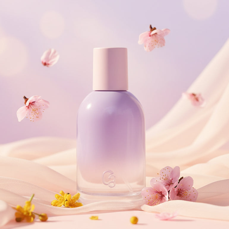 Glossier You Fleur perfume bottle with a lavender gradient and a pink cap.