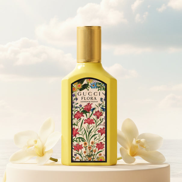 Gucci Flora Gorgeous Orchid perfume bottle with a yellow bottle and floral label.