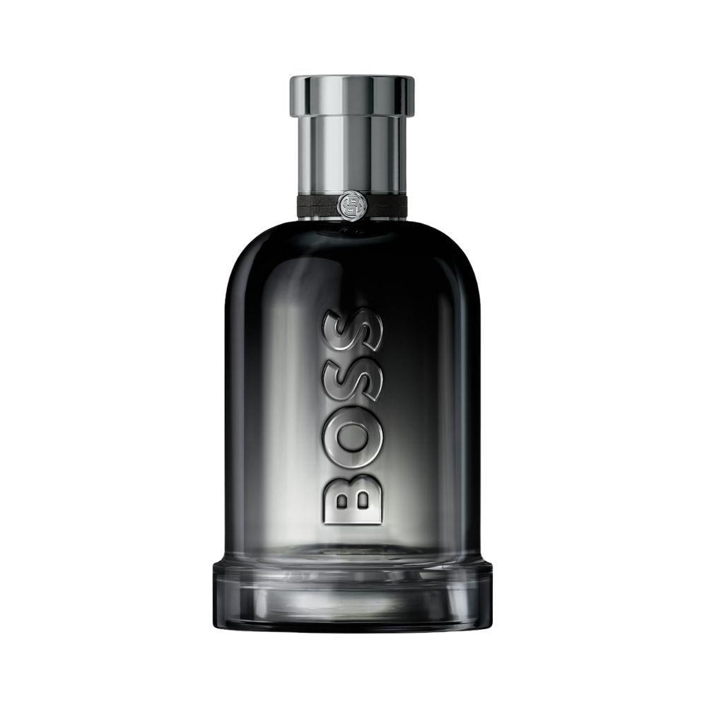 HUGO BOSS BOTTLED BEYOND fragrance bottle with silver cap and "BOSS" embossed on the glass.