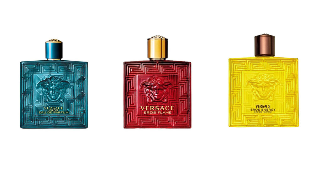 Three Versace Eros fragrances in blue, red, and yellow bottles.