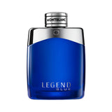 Montblanc Legend Blue fragrance bottle with silver cap and blue glass.