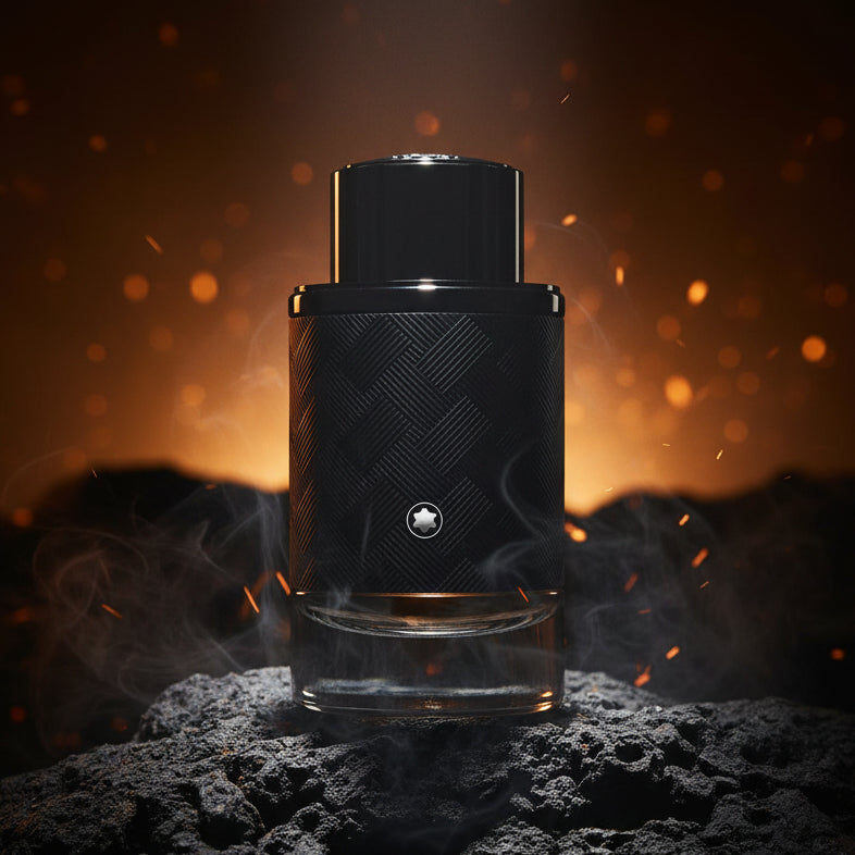 Montblanc Explorer Extreme fragrance bottle with a black textured body and clear base.