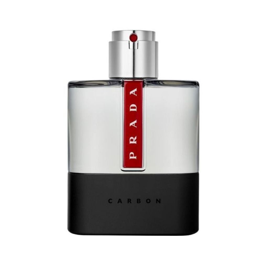 Prada Luna Rossa Carbon fragrance bottle with red and black accents.