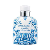 Dolce & Gabbana Light Blue Summer Vibes perfume bottle with blue and white floral pattern.
