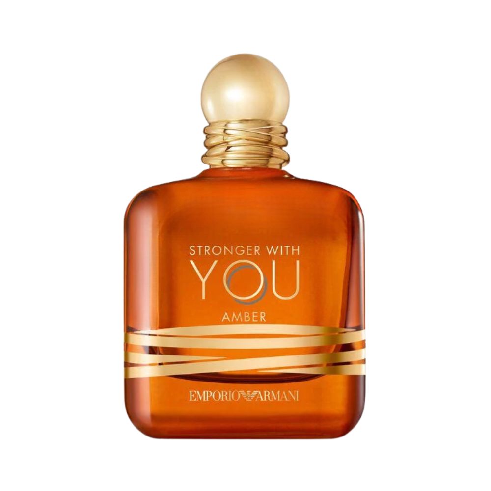 Emporio Armani Stronger With You Amber perfume bottle with gold accents.