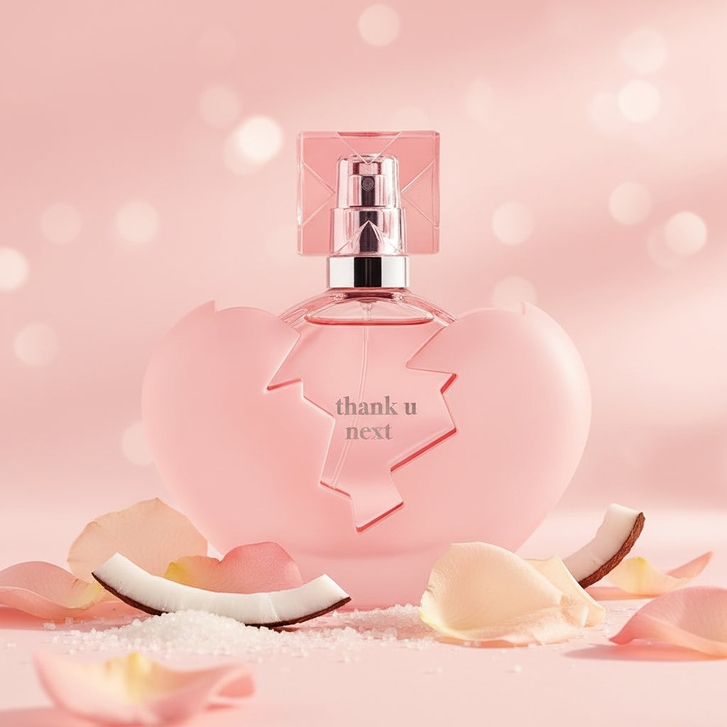 Ariana Grande Thank U, Next perfume bottle in a pink broken heart shape.