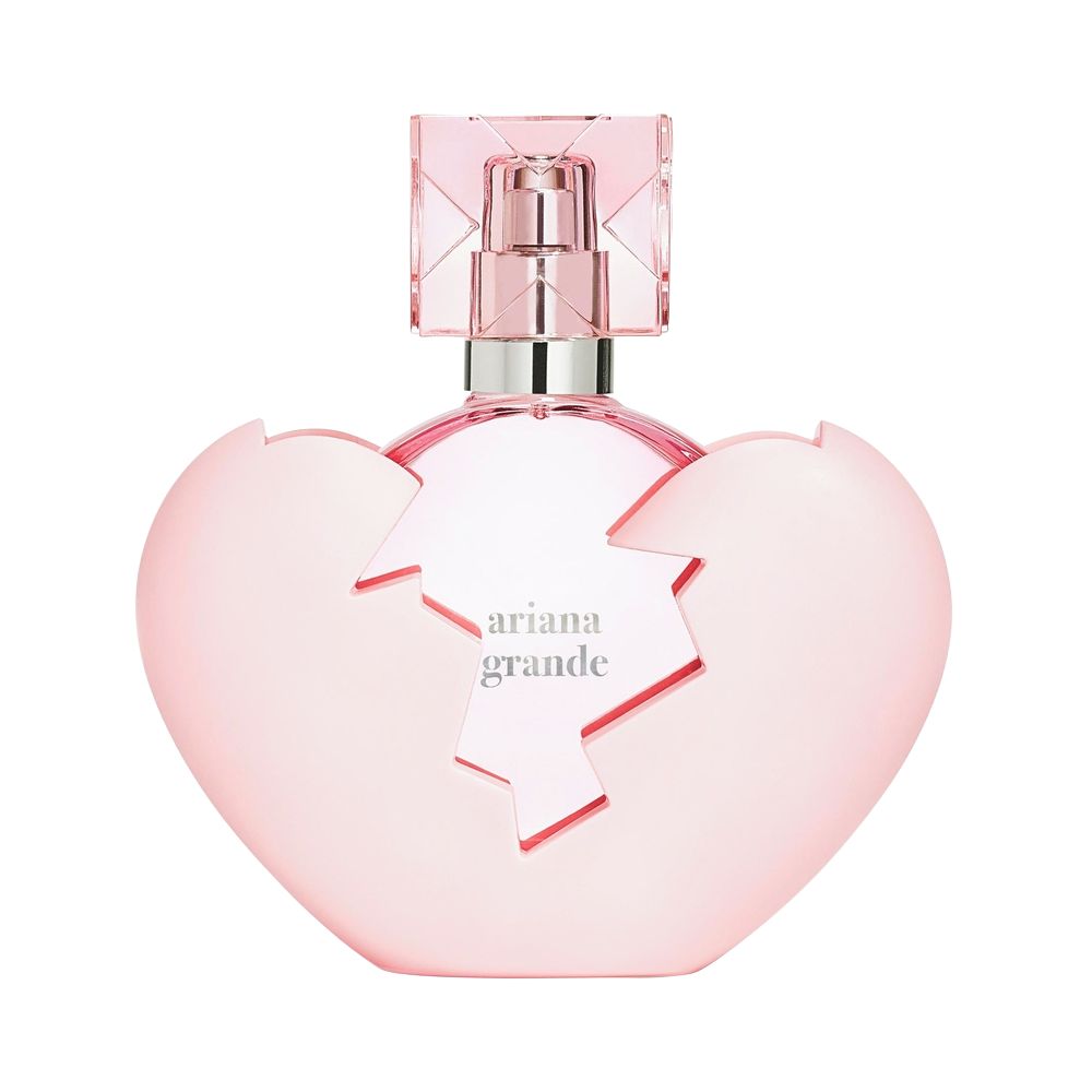 Ariana Grande Thank U, Next perfume bottle in a pink broken heart shape.