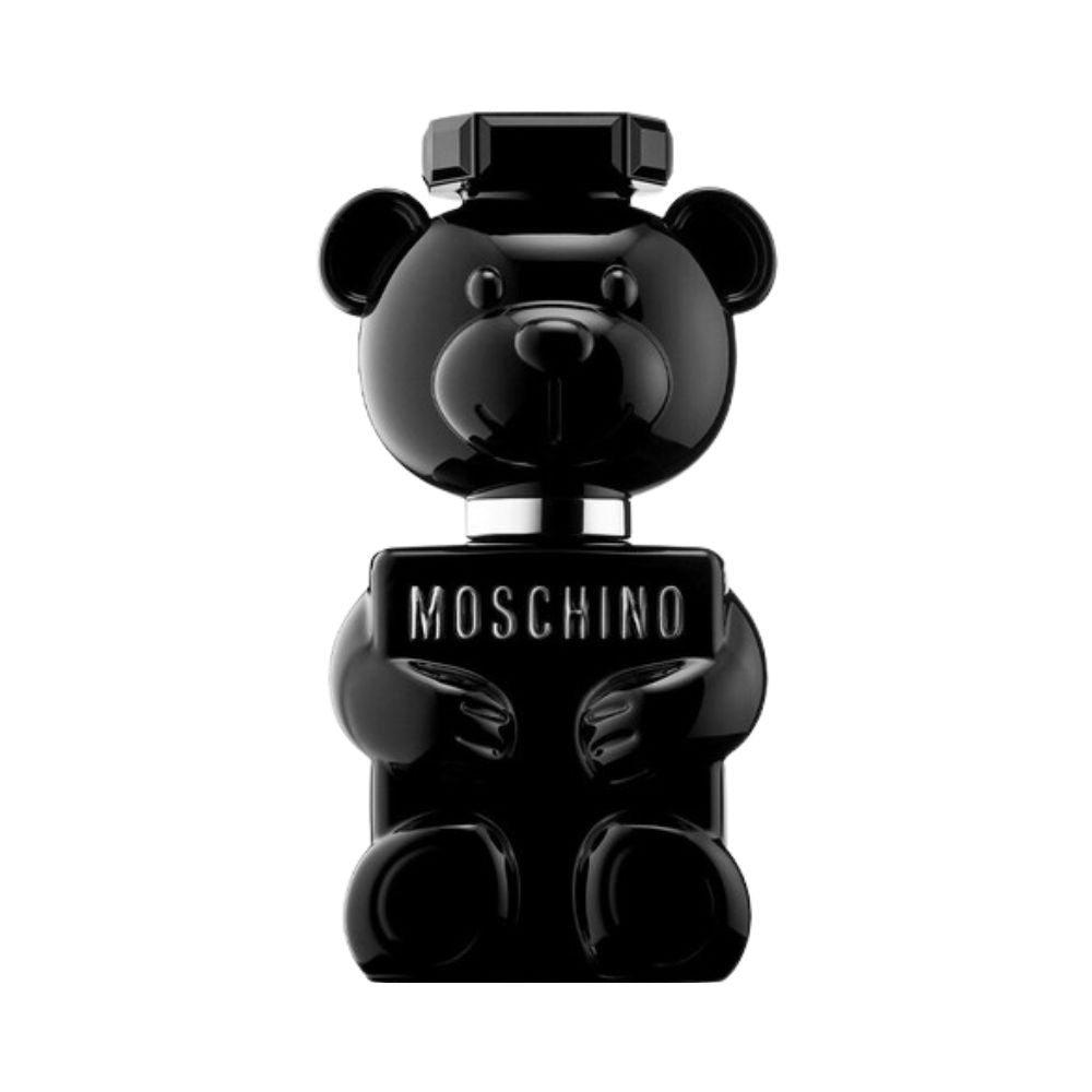 Black Moschino Toy Boy perfume bottle shaped like a teddy bear.