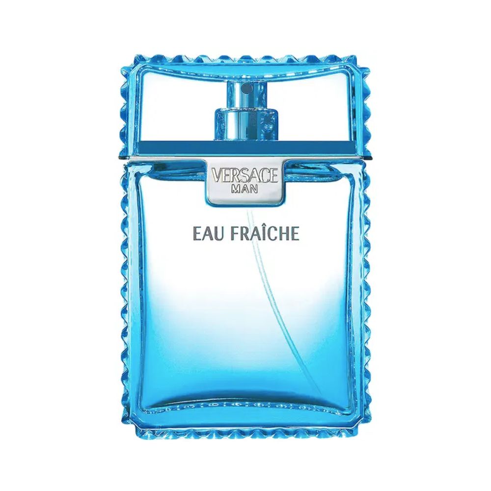 Versace Man Eau Fraiche cologne bottle with blue accents.