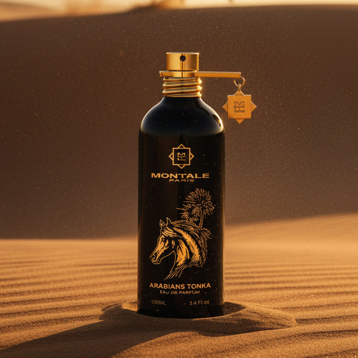 Montale Arabians Tonka Eau de Parfum bottle with gold accents and horse illustration.