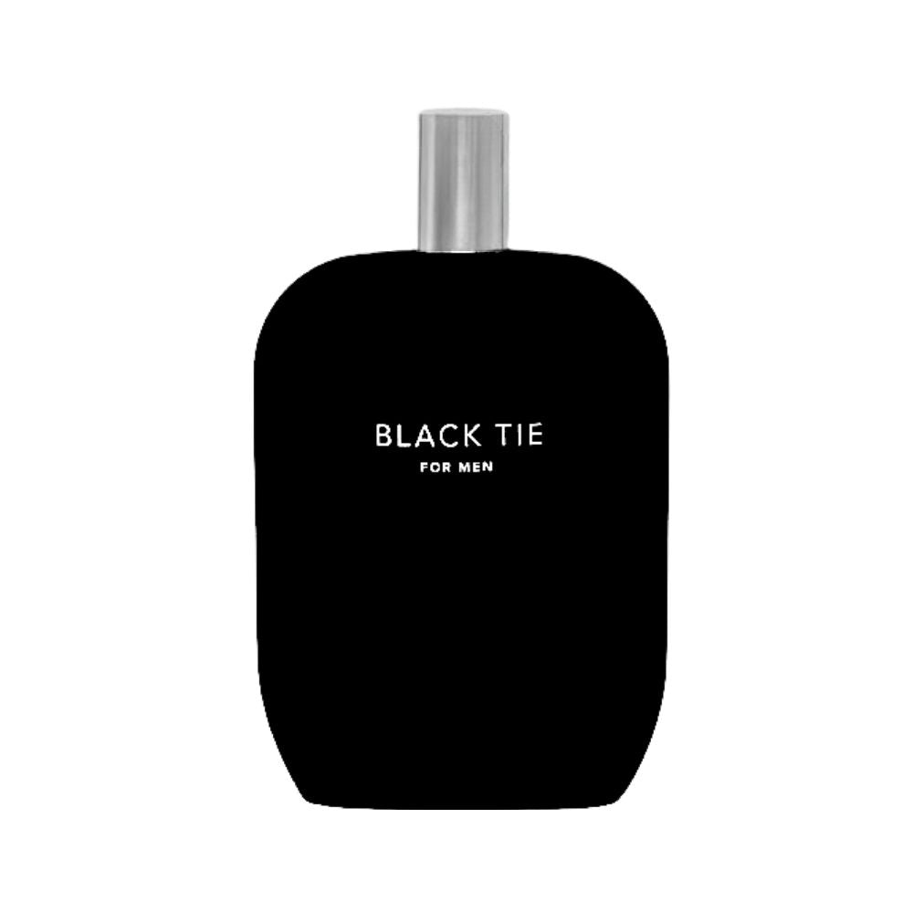 Black Tie for Men perfume bottle with silver cap.