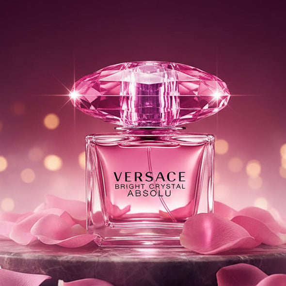 Versace Bright Crystal Absolu perfume bottle with a pink faceted cap.