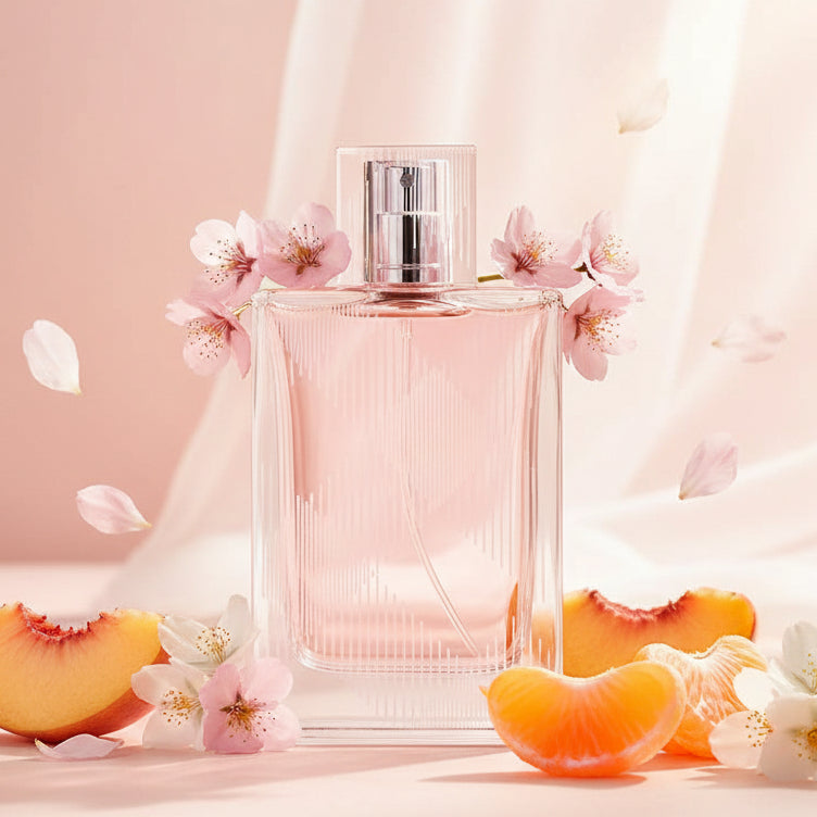 A light pink Burberry Brit Sheer perfume bottle with a ribbed cap.