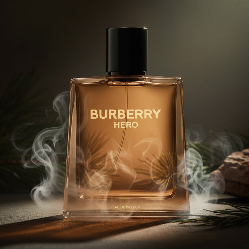 Burberry Hero Eau de Parfum bottle with gold lettering.