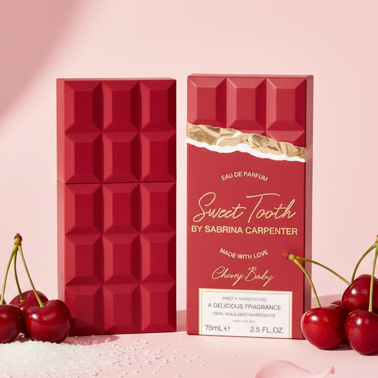 Sweet Tooth Cherry Baby perfume bottle with red packaging.