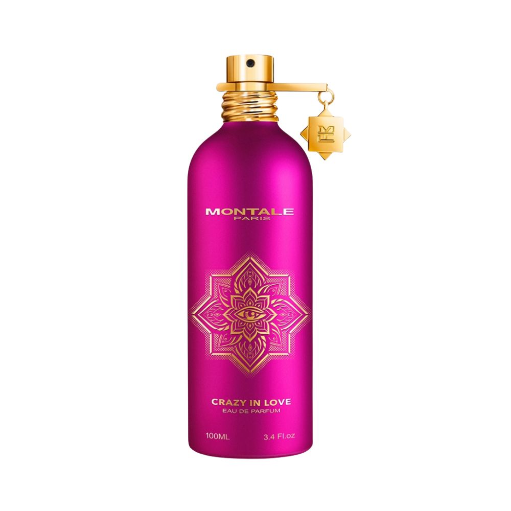 A pink Montale Crazy In Love perfume bottle with gold accents.
