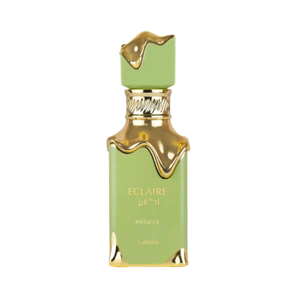 Eclaire Pistache perfume bottle with green and gold accents.