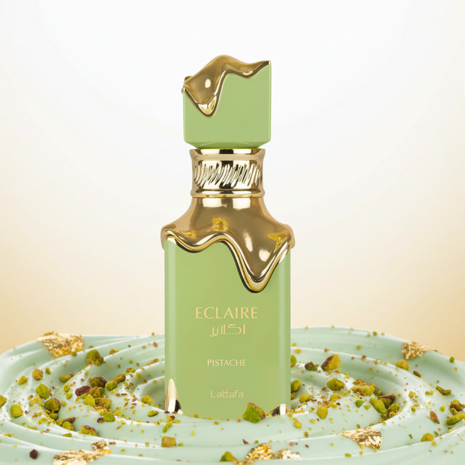 Eclaire Pistache perfume bottle with green and gold accents.