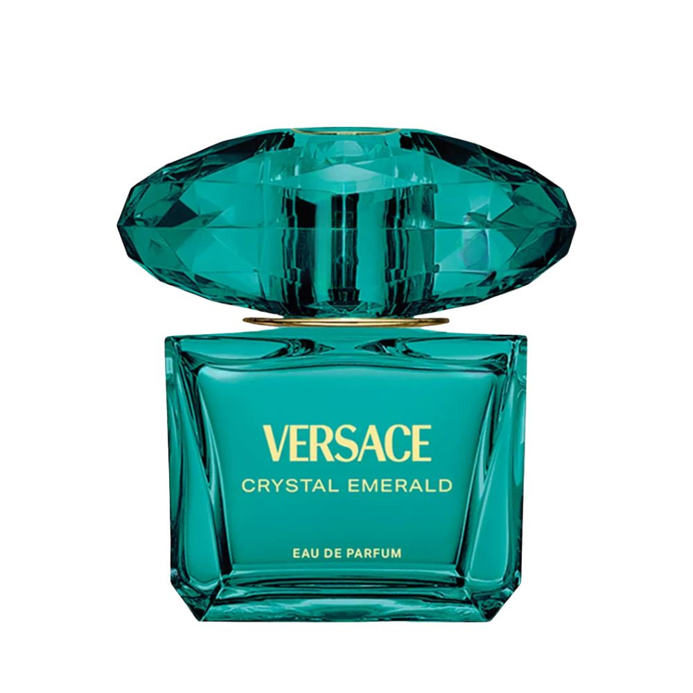 Versace Crystal Emerald Eau de Parfum bottle with a faceted green cap.