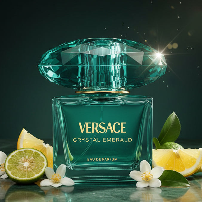 Versace Crystal Emerald Eau de Parfum bottle with a faceted green cap.