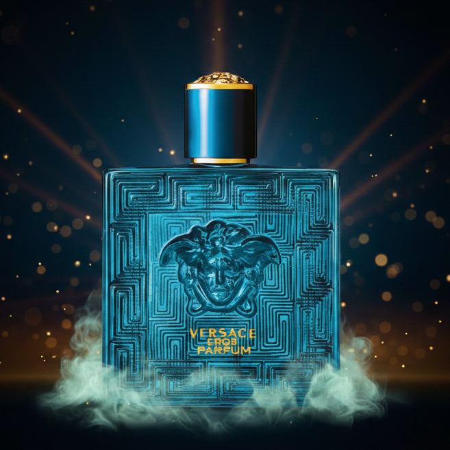 Versace Eros Parfum bottle with a blue textured design and gold accents.