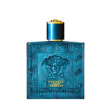 Versace Eros Parfum bottle with a blue textured design and gold accents.