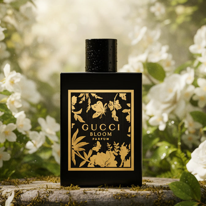 Gucci Bloom Parfum bottle with a black bottle and gold floral and butterfly design.