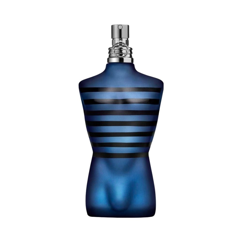 Flacon de parfum bleu foncé en forme de torse masculin avec des rayures noires.