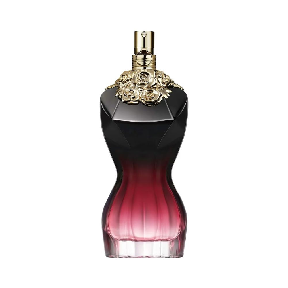 La Belle Le Parfum bottle with a black and red gradient and gold rose accents.