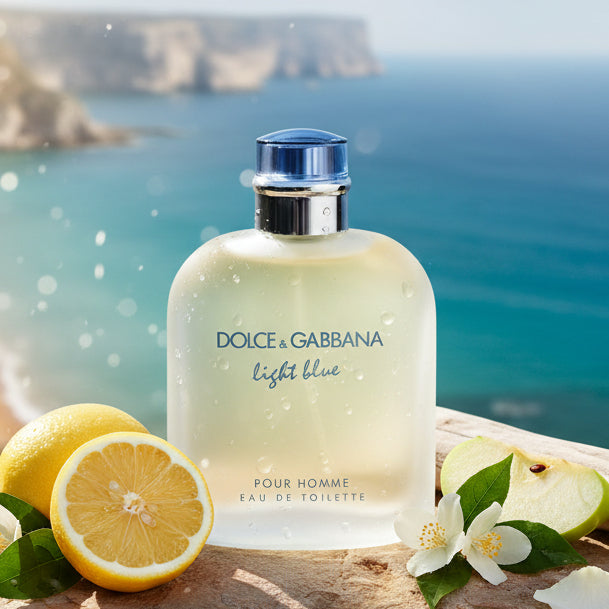 A bottle of Dolce & Gabbana Light Blue Pour Homme Eau de Toilette with a frosted glass finish.