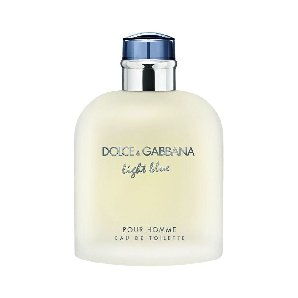 A bottle of Dolce & Gabbana Light Blue Pour Homme Eau de Toilette with a frosted glass finish.
