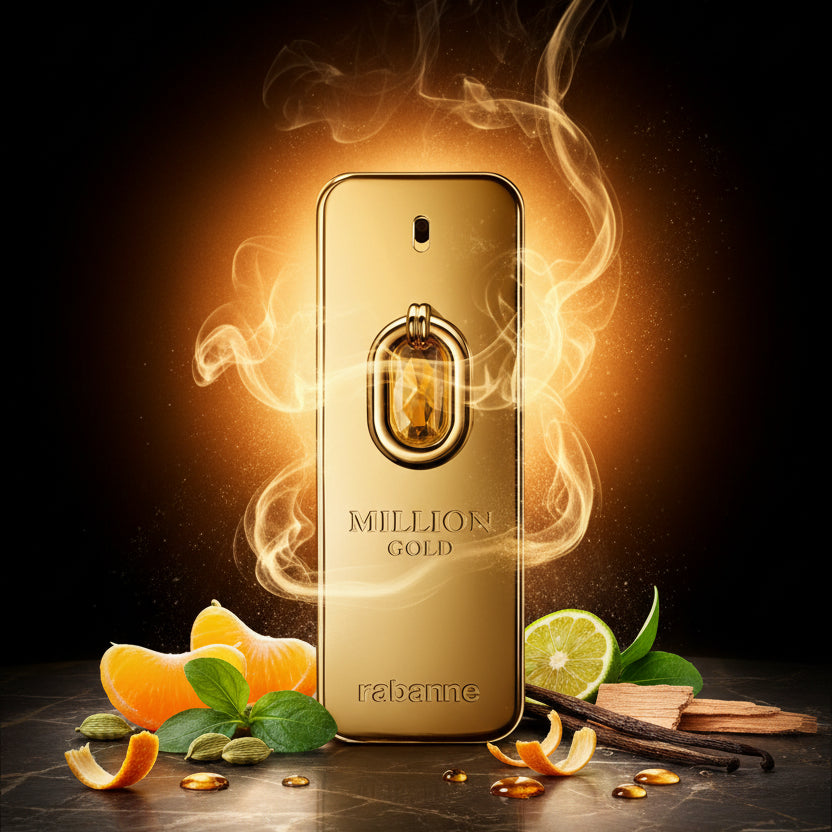 A gold bottle of Paco Rabanne Million Gold Elixir perfume with a gemstone accent.