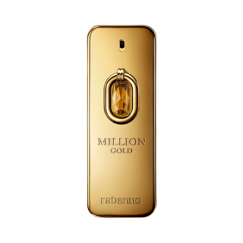 A gold bottle of Paco Rabanne Million Gold Elixir perfume with a gemstone accent.