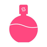 Pink perfume bottle with a white wave line and an S logo on the cap.