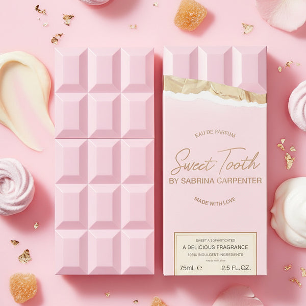 Pink chocolate bar-shaped perfume bottle with "Sweet Tooth" by Sabrina Carpenter.