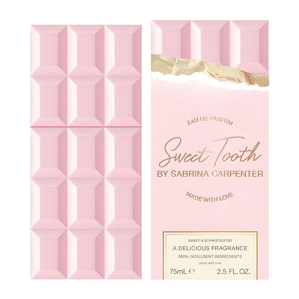 Pink chocolate bar-shaped perfume bottle with "Sweet Tooth" by Sabrina Carpenter.