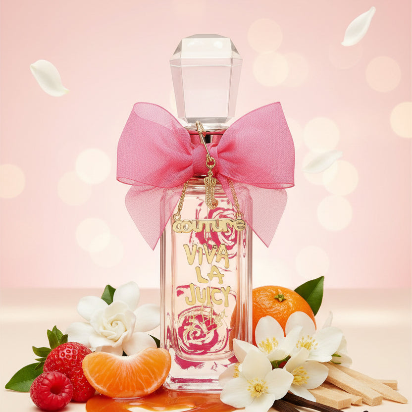 VIVA LA JUICY LA FLEUR perfume bottle with a pink bow and gold charms.